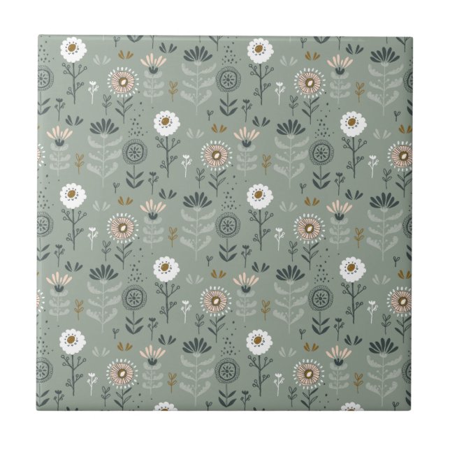 Forest Floral Sage Green Ceramic Tile (Front)