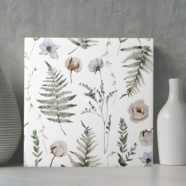 Forest Flowers and Fern Leaves Floral Botanical Ceramic Tile (Close up)