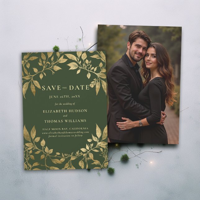 Forest Foliage Botanical Photo Wedding Save Date Invitation (Forest Foliage Botanical Photo Wedding Save Date Invitation Enchanted Magical Fairy Tale Moody Gold)