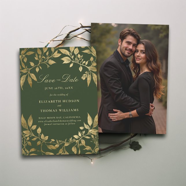 Forest Foliage Magical Photo Wedding Save Date Invitation (Forest Foliage Botanical Photo Wedding Save Date Invite Enchanted Magical Fairy Tale Moody Gold)