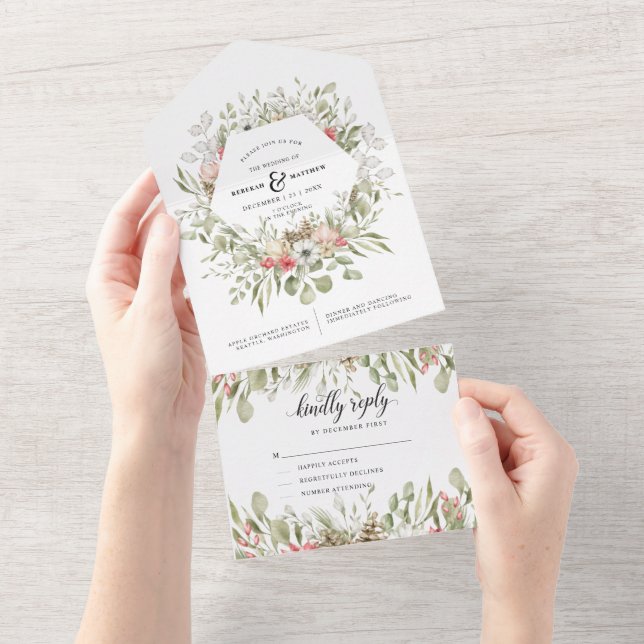 Forest Foliage Winter All in One Wedding Invite (Tearaway)