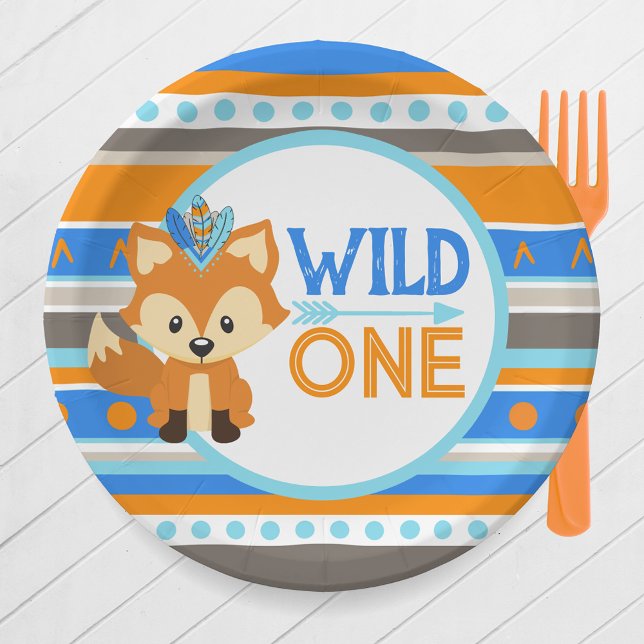 Forest Fox Wild One 1st Birthday Paper Plates (Forest Fox Wild One 1st Birthday Party Paper Plates in Royal Blue, Baby Blue & Orange )