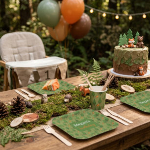 Forest Fox Woodland Greenery Personalised Birthday Paper Plate