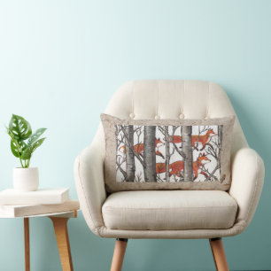 Forest Foxes Fall Tan Grey Designer Lumbar Pillow