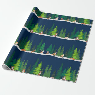 Forest Foxes on Navy Wrapping Paper
