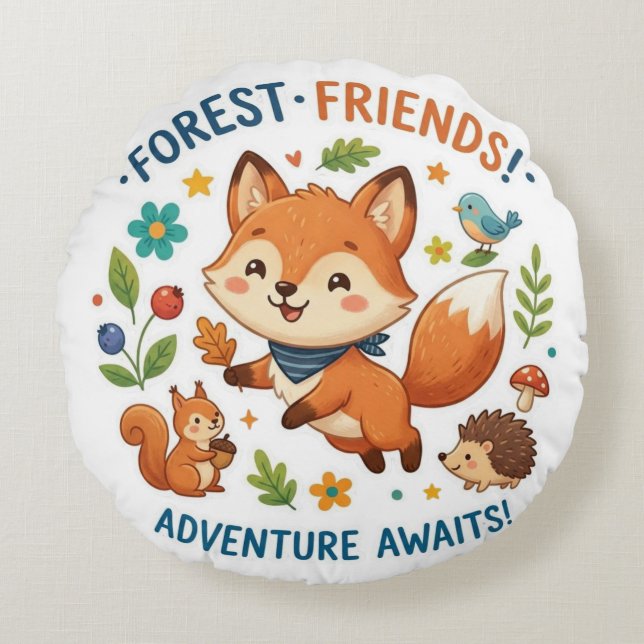 Forest Friends Adventure Awaits Round Cushion (Front)