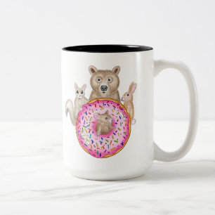 Forest Friends and Doughnut Whimsical Illustrated  Two-Tone Coffee Mug