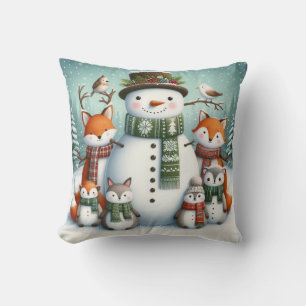 Forest Friends Snowman Family Christmas Cushion