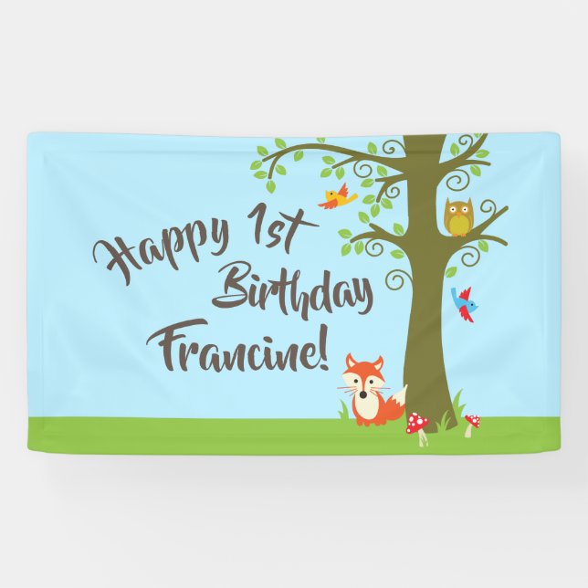 Forest Friends Woodland Cute 1st Birthday Party Banner (Horizontal)