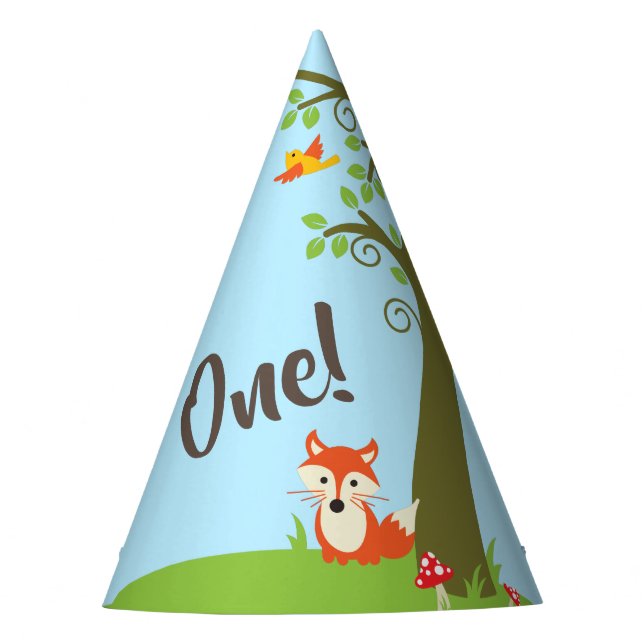 Forest Friends Woodland Cute 1st Birthday Party Hat (Front)