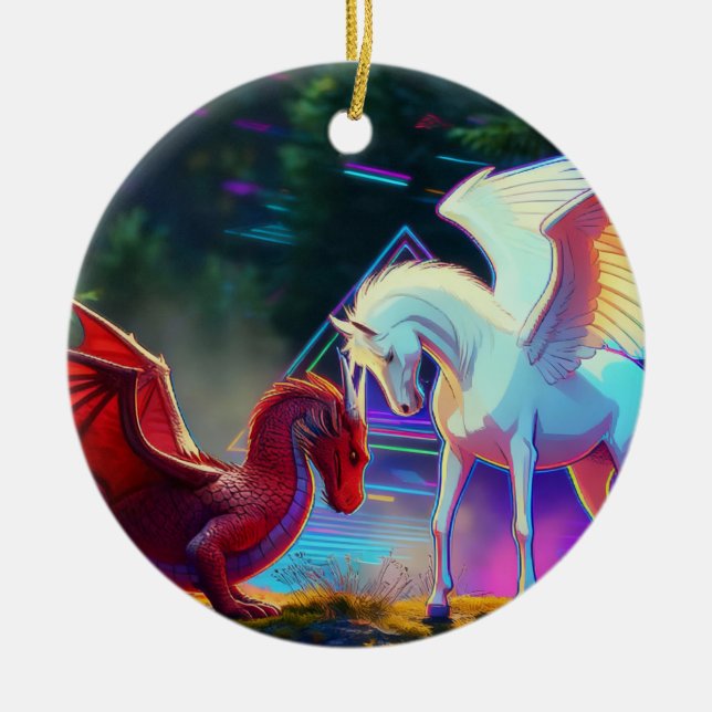 Forest Friends - Young Dragon and Young Pegasus Ceramic Ornament (Front)
