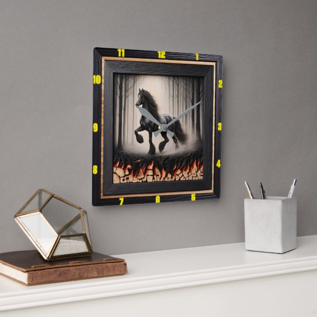Forest Gallop: Personalised Charred Wood Friesian Square Wall Clock (Office)