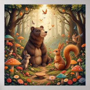 Forest Gathering of Cute Animals Poster