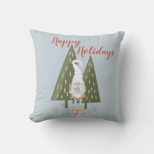 Forest Gnome Happy Holidays Ice Blue Cushion