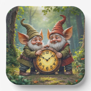 Forest Gnomes With Old Clock Paper Plate