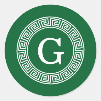 Forest Gr Wht Greek Key Rnd Frame Initial Monogram Classic Round Sticker