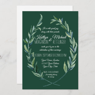 Forest Green 5X7 Laurel Wreath Olive Leaf Foliage Invitation
