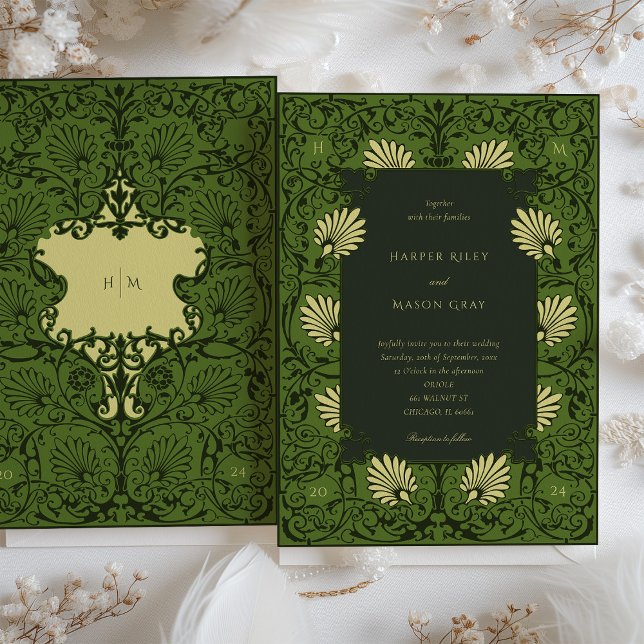 Forest Green and Antique Gold Baroque Wedding Invitation (Creator Uploaded)