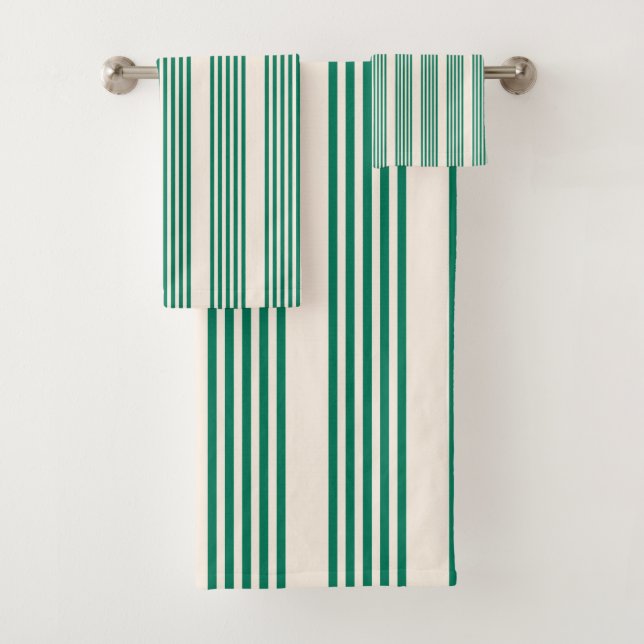 Forest green and beige five stripes pattern bath towel set (Insitu)
