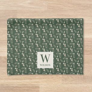 Forest Green and Beige Monogram Name Christmas Tea Towel