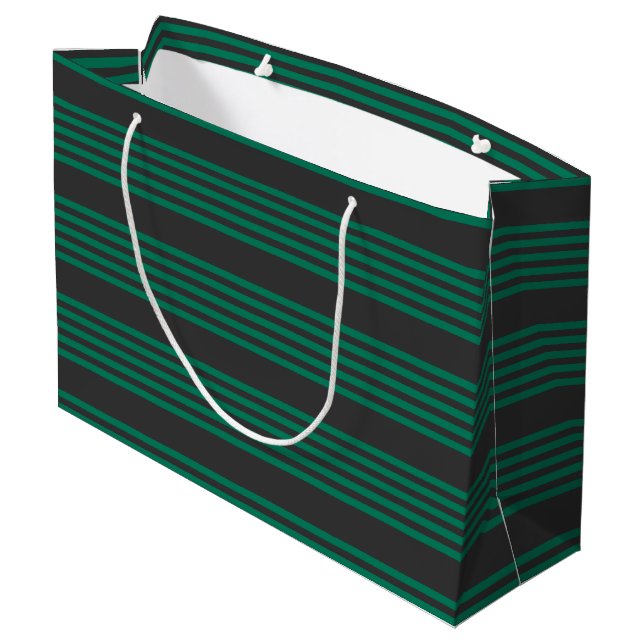 Forest green and charcoal fives stripe pattern large gift bag (Back Angled)