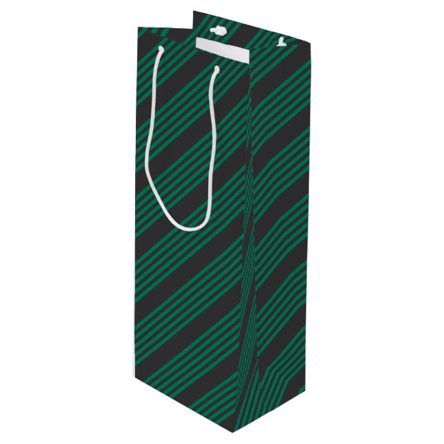 Forest green and charcoal fives stripe pattern wine gift bag (Front Angled)