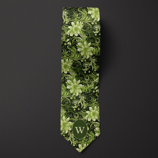 Forest Green and Cream Botanical Tie (Creator Uploaded)