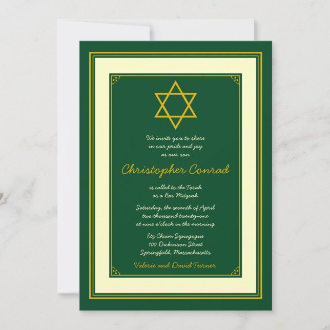 Forest Green and Gold Bar Mitzvah Invitation (Front)