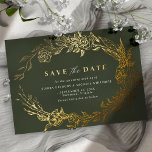 Forest Green and Gold | Moss Floral Save the Date<br><div class="desc">Formal save the date cards featuring real metallic foil. Vintage-style florals frame your details. Gold on a contrasting dark green background.</div>