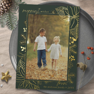 Forest Green and Gold   Vertical Photo Christmas Foil Holiday Card