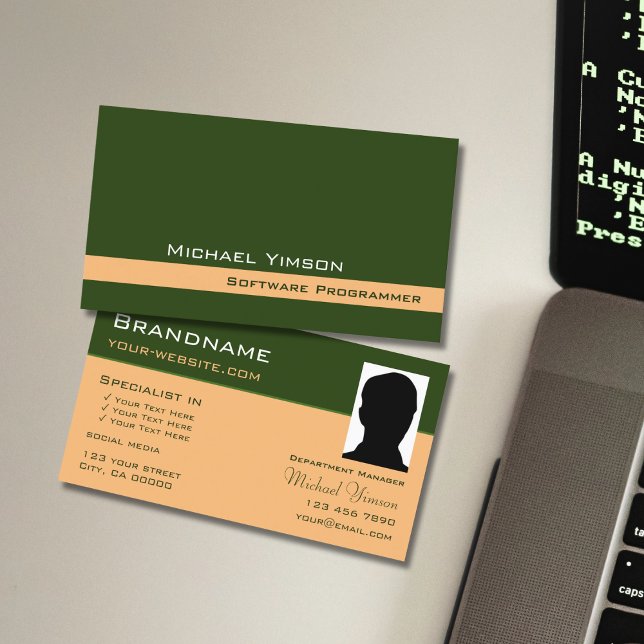 Forest Green and Peach with Photo Professional Business Card (Creator Uploaded)