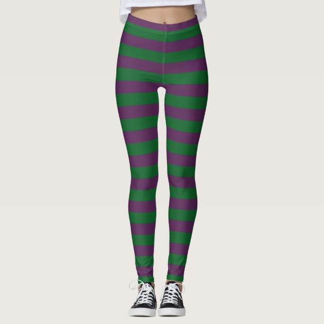 Forest Green and Purple Stripes Leggings (Front)
