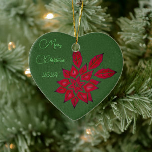 Forest Green and Red Poinsettia Ceramic Ornament