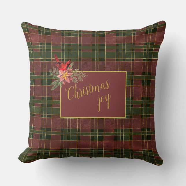 Forest Green and Red Wine Plaid Christmas Cardinal Cushion (Front)