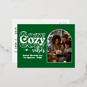 Forest Green and Silver Cozy Vibes Retro Christmas Foil Holiday Postcard