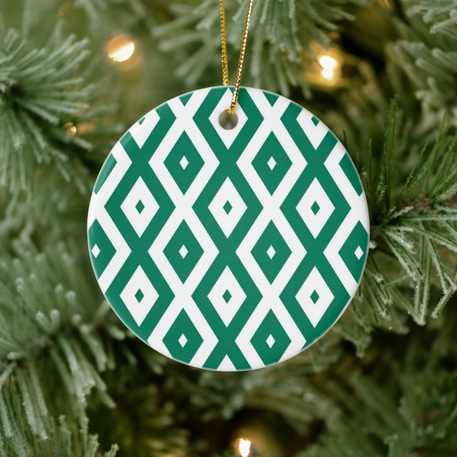 Forest green and white diamond pattern ceramic ornament (Tree)