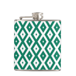 Forest green and white diamond pattern hip flask