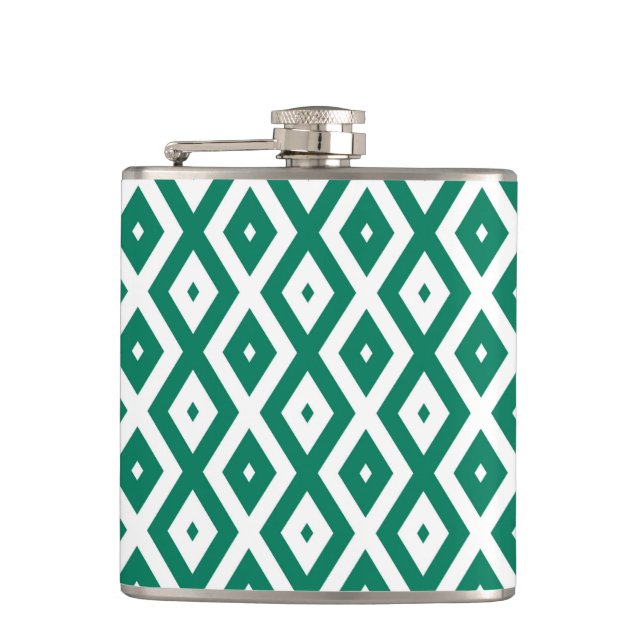 Forest green and white diamond pattern hip flask (Front)