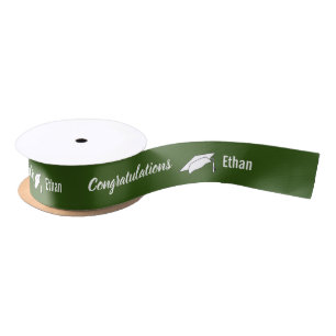 Forest Green and White Graduation Congratulations Satin Ribbon
