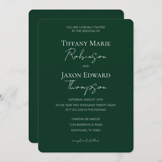 Forest Green and White Minimalist Elegance Wedding Invitation (Front/Back)