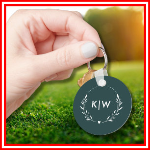 Forest Green  and White   Modern Initials Monogram Key Ring