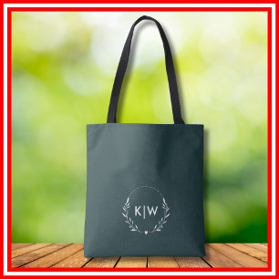 Forest Green and White Modern Initials Monogram Tote Bag