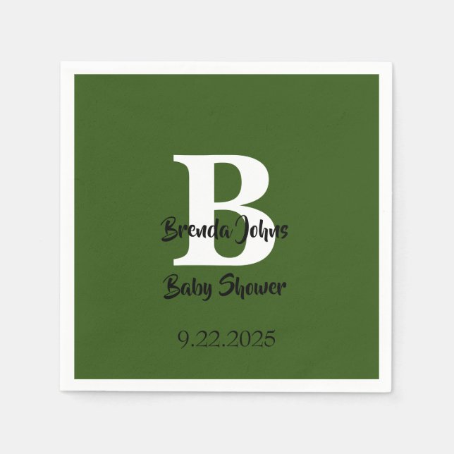 Forest Green Baby Shower Monogram Jungle Theme Napkin (Front)