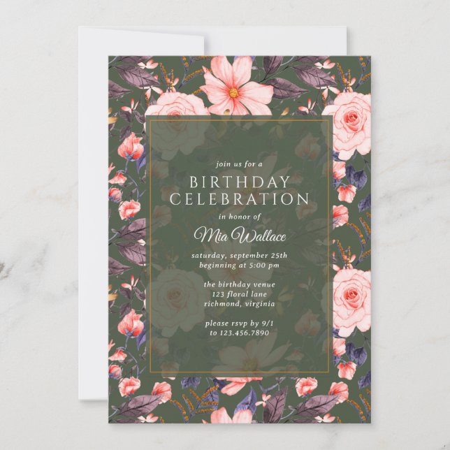 Forest Green + Blush Pink Floral | Garden Birthday Invitation (Front)