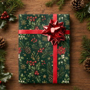 Forest Green Botanical Holly Christmas Holiday Wrapping Paper