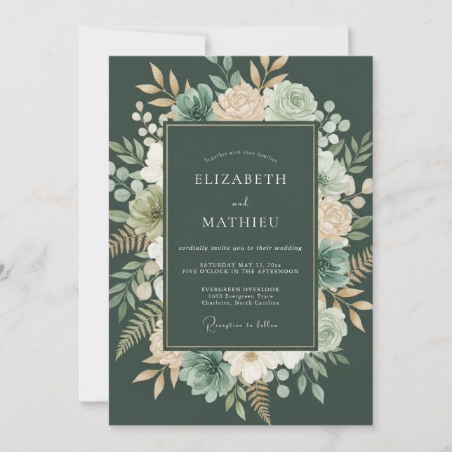 Forest Green Botanical Romance Wedding Invitation (Front)