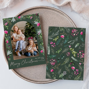 Forest Green & Bright Pink Botanical Arch 1 Photo Holiday Card