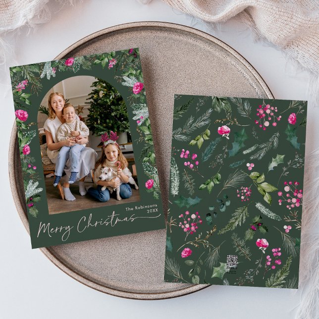 Forest Green & Bright Pink Botanical Arch 1 Photo Holiday Card (Creator Uploaded)