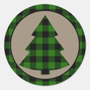 Forest Green Buffalo Plaid Border Christmas Tree Classic Round Sticker
