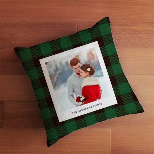 Forest Green Buffalo Plaid   Family Photo Cushion
